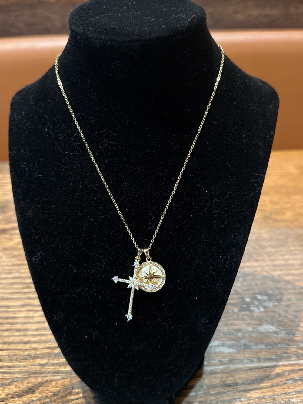 Gold Compass and Crystal Cross Pendant Necklace - Women's Gold Jewelry